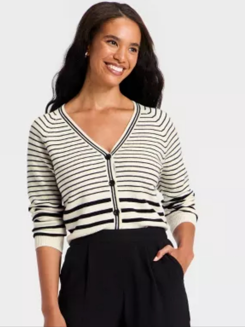 a new day Striped V-Neck Button Cardigan - Cream & Black